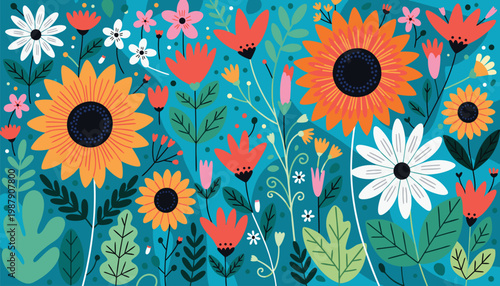 Vibrant and cheerful illustration of a dense summer garden bursting with colorful cartoon flowers and lush green foliage