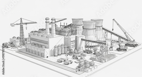 Industrial factory construction site with cranes and machinery.