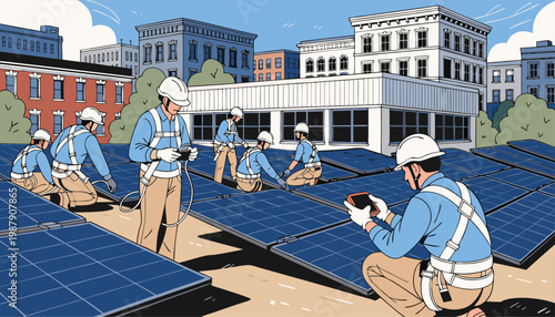 A group of workers installing solar panels on a rooftop in a city