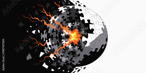 A vector graphic illustration of a globe puzzle with a fiery explosion and lightning bolts on a black and white background