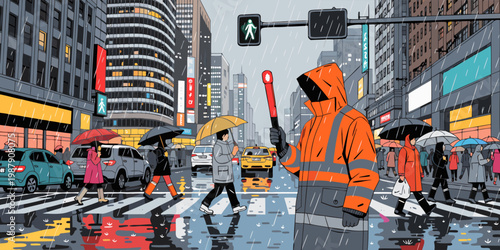 A vibrant city street scene on a rainy day with a traffic controller directing pedestrians across the crosswalk