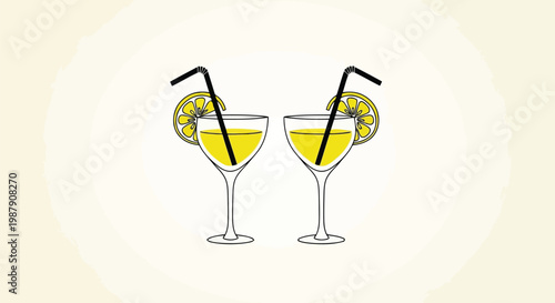 Two elegant glasses of lemonade garnished with lemon slices and straws