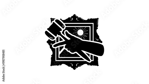 index finger of hand with hammer pointing to art auction, black isolated silhouette