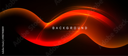 Abstract red waves over black background. Dynamic light effects create modern design. Smooth curves suggest energy, motion.