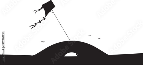Black kite flying, silhouette vector, flying kite illustration, recreational activity