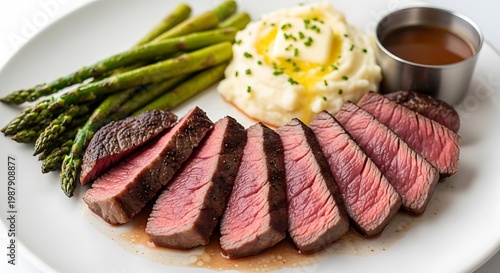 Steak with asparagus and sauce.