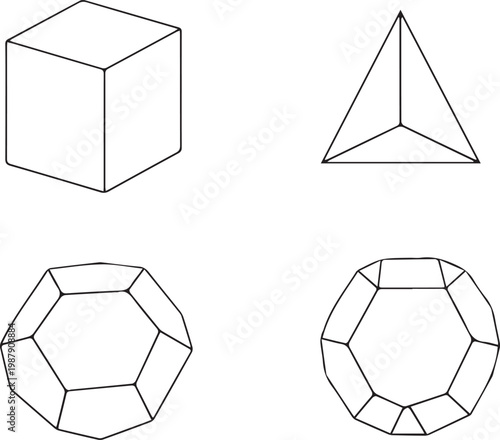 Geometric shapes: cube, tetrahedron, dodecahedron, prism