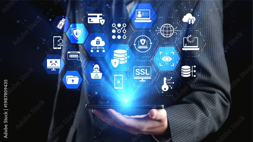 Fototapeta premium Data privacy and cyber security icons show encryption, data privacy safeguards, and cyber security defense. Data privacy ensures cyber security protection and access control. Gist