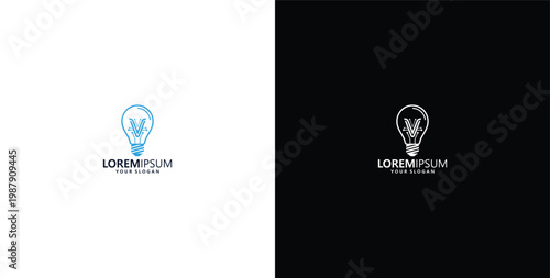 smart bulb technology logo design, bulb logo design initial V creative bulb logo ideas