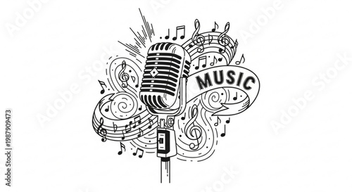 Artistic Vintage Microphone Illustration with Musical Notes and Sound Waves, Symbolizing Performance, Creativity, and the Universal Language of Music