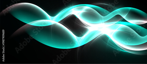 Abstract flowing lines, teal and white hues, dark background. Dynamic energy, smooth curves create visual interest.