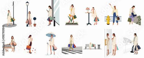 Set of flat vector illustrations of a stylish woman in a beige blazer carrying shopping bags in various city street scenes.