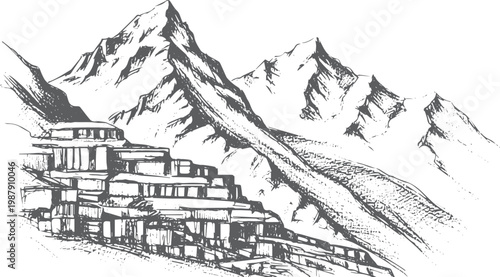 Of mountain village nestled below peaks