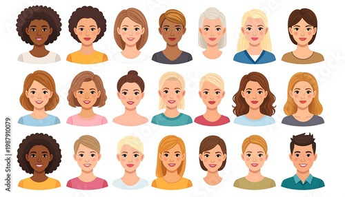 A collection of stylized headshot portraits of diverse women and one man with various hairstyles and skin tones