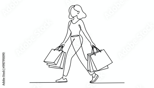 One continuous line illustration of an girl with shopping bags , isolated on white background.
