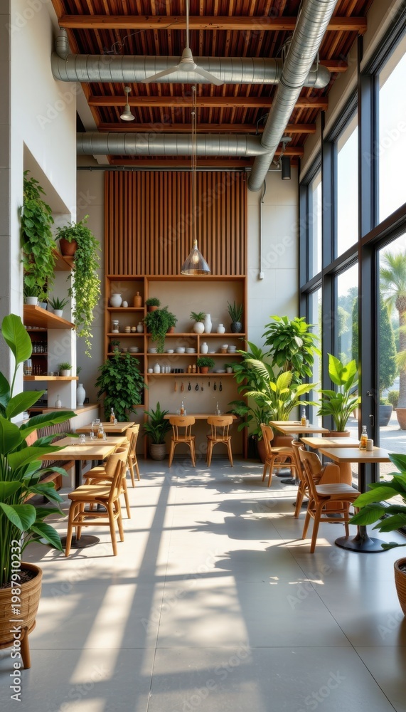 Fototapeta premium Experience sustainable dining in a serene eco indoor space with modern design and lush plants powered by solar energy