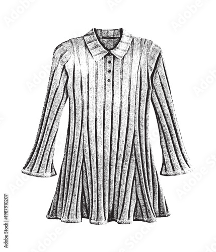 Retro-Inspired Ribbed Knit Polo Dress with Flared Sleeves