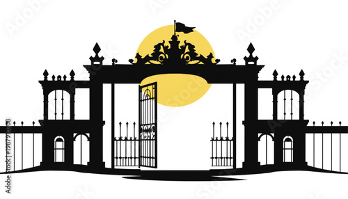 Silhouette of ornate gothic cemetery gate with open doors and rising sun creating dramatic architectural landscape