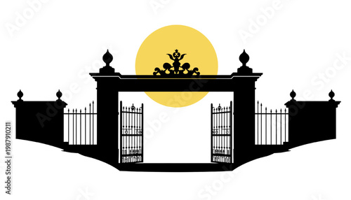 Silhouette of cemetery gate with open entrance and rising sun creating calm atmospheric gothic landscape