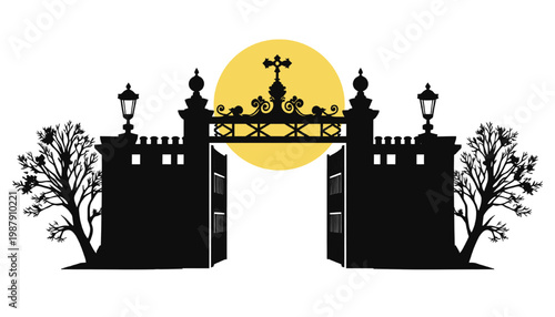 Silhouette of gothic cemetery gate with cross trees and rising sun creating dramatic atmospheric landscape