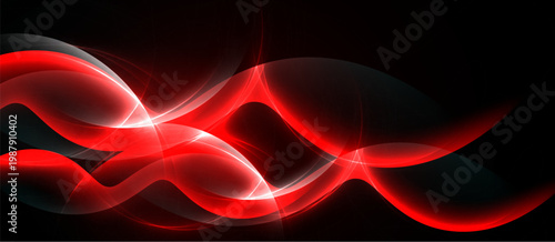 Abstract red waves flow across black background. Dynamic shapes create energy, light, motion. Smooth curves suggest fluidity, power.