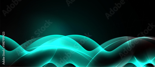 Abstract waves, glowing turquoise hues, dark background. Smooth lines create dynamic visual effect. Minimalist design.