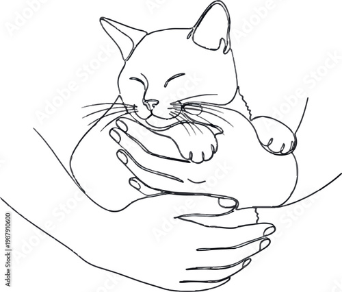 Cute cat, sleeping kitten, hand holding animal, line art illustration, pet love
