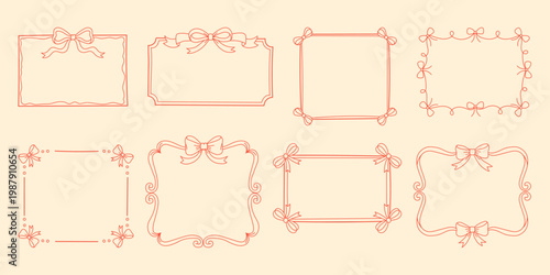 Elegant vintage frame set with bow elements. Outline decorative borders ideal for invitation, wedding card, branding and packaging.