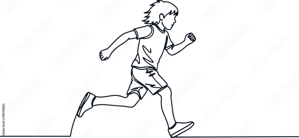Fototapeta premium Dynamic line drawing of a young boy running with determination on a checkered background.