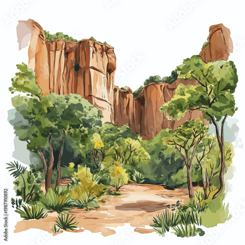 Bandiagara Escarpment. Bandiagara Escarpment hand drawn watercolor illustration on white background
