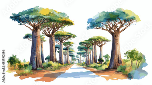 Avenue of the Baobabs. Avenue of the Baobabs hand drawn watercolor illustration on white background
