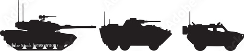 Military vehicle silhouettes, tank and armored car icons, black military vehicle shapes, combat transport illustrations