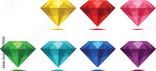 Colorful Diamond Gemstones Set Featuring Yellow Red Pink Green Blue and Purple Crystals Vector Illustration for Jewelry Designs