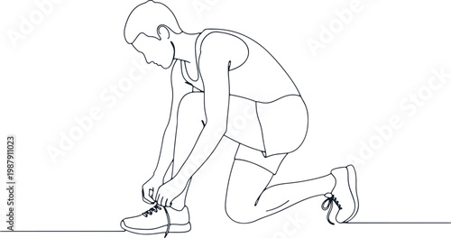 Athlete tying shoelaces on sneakers, preparing for race, marathon, sports training, focus.