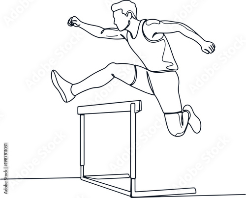 Hurdler jumping over obstacle, athletics race, track and field, sport action, dynamic jump.