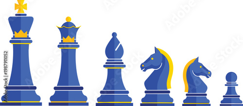 Blue and Yellow Chess Pieces Set Featuring King Queen Bishop Knight and Pawn Vector Illustration for Strategy Game Designs
