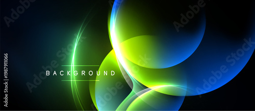 Abstract design features vibrant curves, glowing lines. Dark background enhances bright colors, creating dynamic visual effect. Modern, sleek presentation.