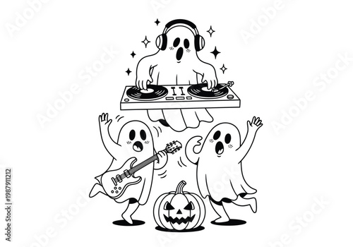 Ghostly ensemble performing a halloween-themed musical concert with dj and band instruments