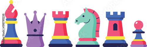  Whimsical Colorful Stylized Chess Pieces Illustration Set