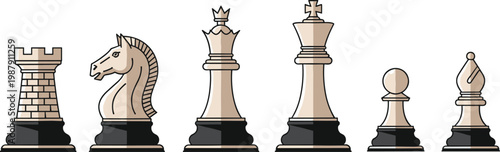  Classic Chess Pieces Set Featuring Rook Knight Queen King Pawn and Bishop Vector Illustration for Strategy Game Designs