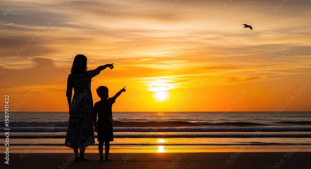 Fototapeta premium Silhouette of mother and son pointing at sunset over ocean mother's day background wallpaper poster banner download 2026 2027