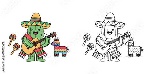 Cute Mexican Cactus Character Playing Guitar with Sombrero and Piñata Cartoon Coloring Page for Kids Activity