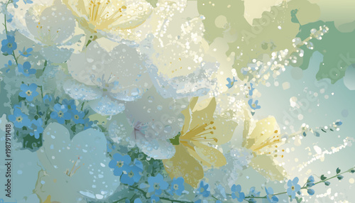 

A vibrant yellow water splash creates a retro grunge texture on aged floral paper, blending summer nature elements into a vintage backdrop illustration for an artistic scrapbook wallpaper