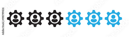 Gear icons with person silhouette symbolizing user settings profile management and account preferences service gear configuration.