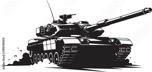 Military tank, army vehicle, black illustration, combat machine, warfare icon