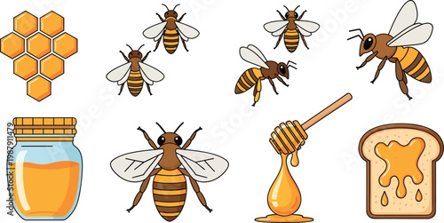 Bee and Honey Icons Set Beekeeping Honeycomb Collection