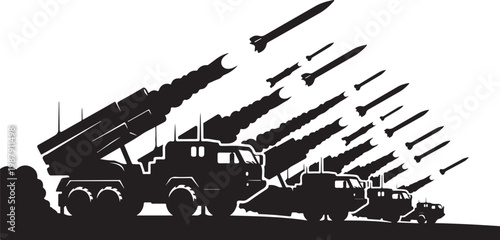 Military missile launcher, truck mounted rocket system, defense vehicle, silhouette illustration