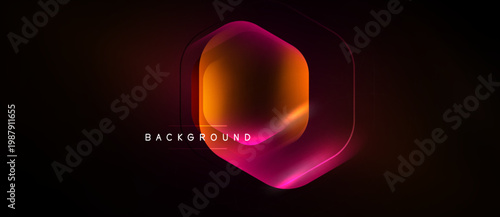 Hexagon design features vibrant orange, pink gradients. Dark background enhances luminosity, creating modern aesthetic. Text reads background.
