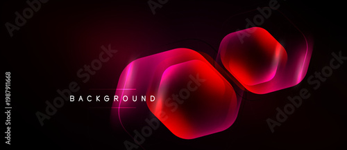 Dark background features glowing hexagonal shapes. Red, magenta hues create futuristic visual effect. Minimalist design, modern aesthetic.