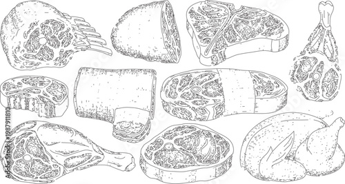 Assorted raw meat cuts and whole chicken